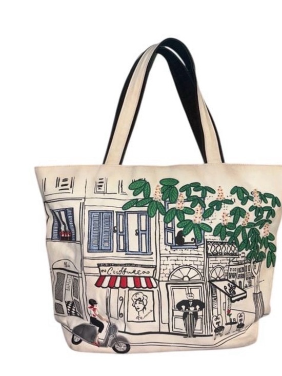 Lulu Guinness Handbags - Lulu Guinness London Embroidered Café Scene Canvas Tote Bag Scooter Detail